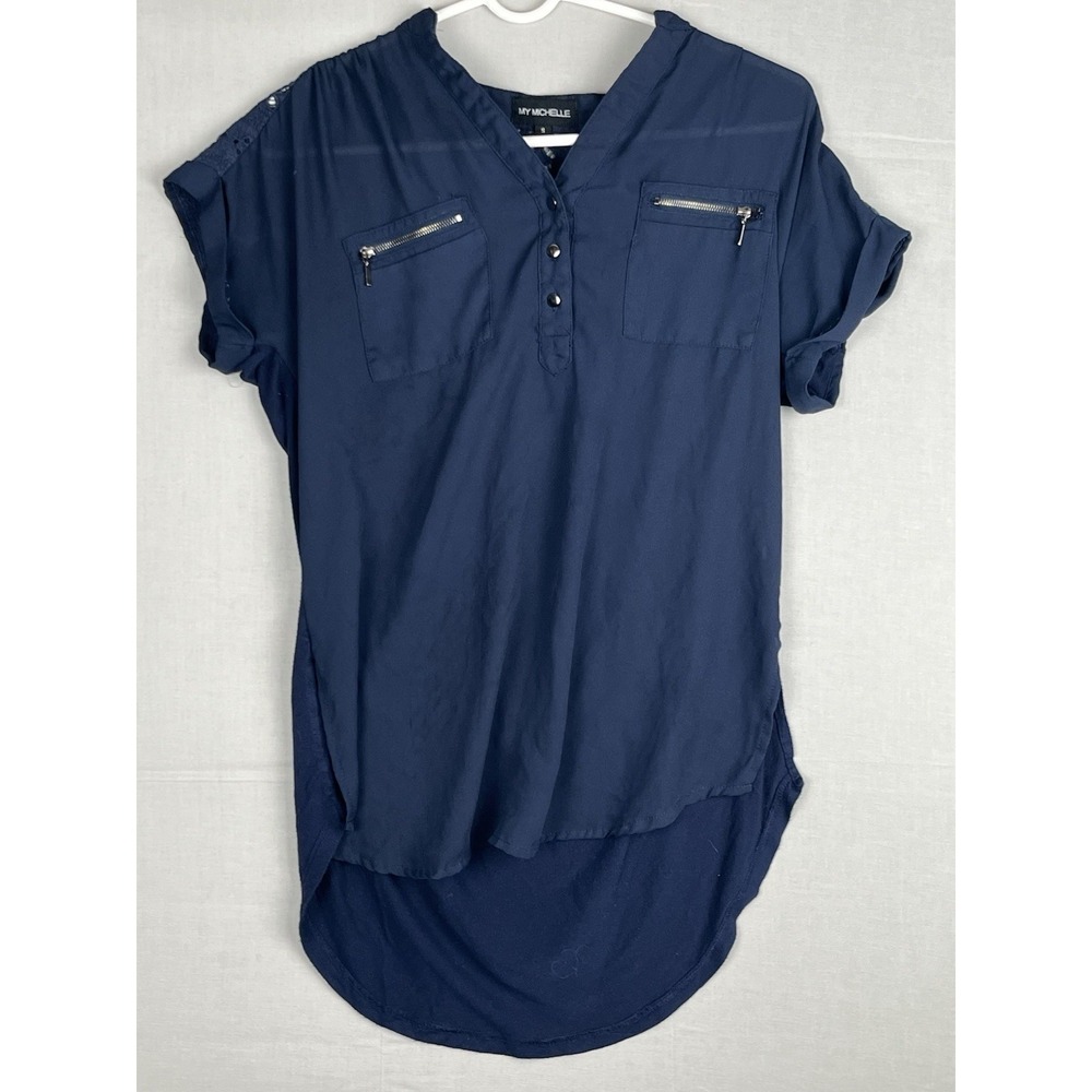 My Michelle Womens Small Blue Blouse Hi Low Zipper Pocket Top